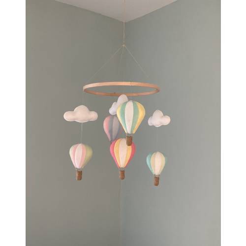 Multicoloured Pastels Nursery Mobile Hot Air Balloons White Clouds Boy Girl Hanging Decoration New Baby Shower Personalised Gift Pink Green