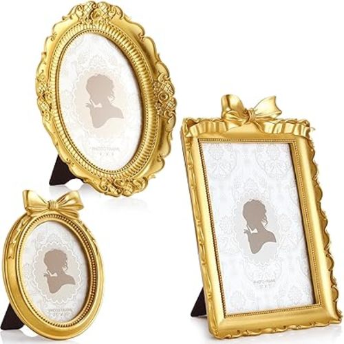 Vicenpal 3 Pcs Tiny Picture Ornate Frames Small Vintage Oval Picture Frames Gold Vintage Baroque Ornate Antique Resin Frame Table Top Display Frame for Home Wedding Decor(3 Sizes,Gold)