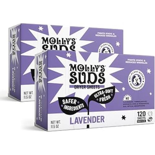 Molly's Suds Fabric Softener Dryer Sheets for Sensitive Skin | Plant-Based Static Reducer, Plastic-Free Packaging | Bundle of 2, Lavender (240 Sheets Total)