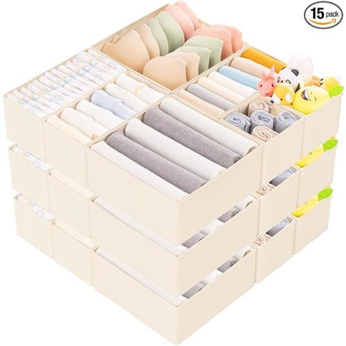 Criusia 15 Pack Drawer Organizer for Clothes, Foldable Dresser Dividers with 3 Sizes, Fabric Storage Bins – Beige