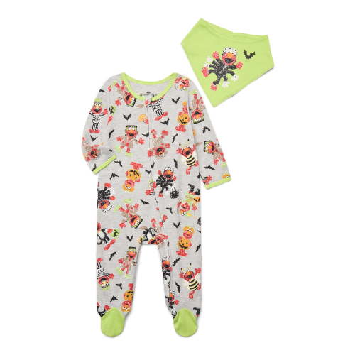 Halloween Sesame Street Elmo Baby Boys or Girls Footed Sleep N Play Pajamas and Bib Set, 2-Piece, Sizes 0M-9M