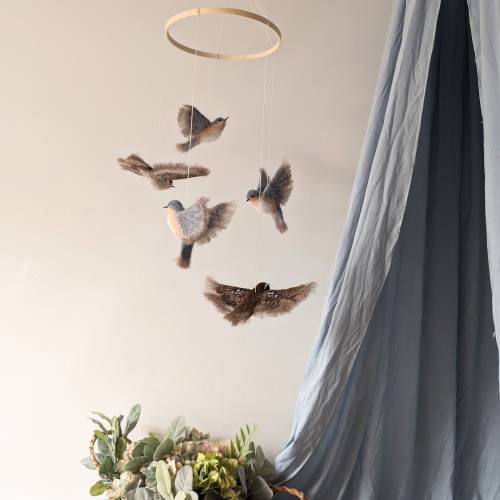 Needle Felted Bluebirds & Wrens Baby Mobile: Garden Nursery Decor