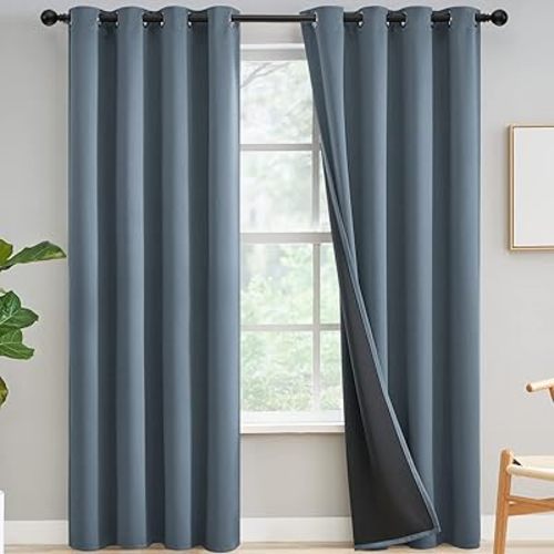 Yakamok 100% Blackout Curtains for Bedroom 84 Inch Length, Light Blocking Drapes with Black Backing, Thermal Insulated Solid Grommet Panels for Living Room, 52Wx84L, Stone Blue, 2 Panels