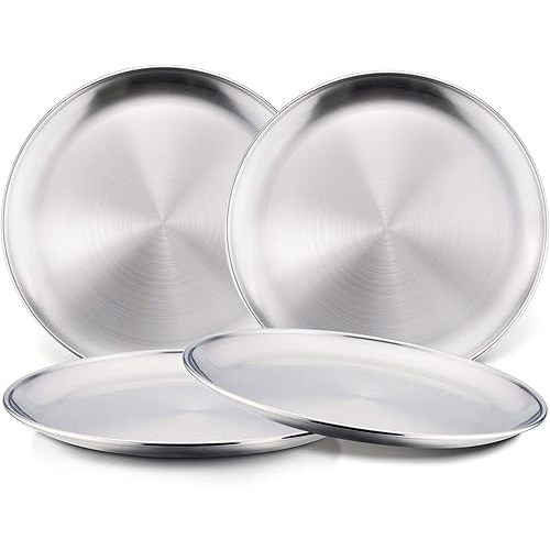 HaWare Toddlers Kids 18/8 Stainless Steel Plates, Durable Metal 304 Feeding 8in Dishes for Serving/Snack/Camping, No Plastic and Dishwasher Safe - 4 Pack
