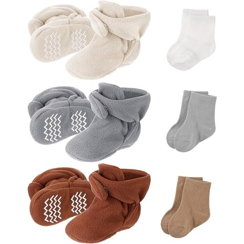 SATINIOR 3 Pairs Unisex Cozy Fleece Baby Booties with 3 Pairs Infant Cotton Socks