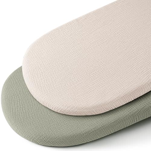 Konssy 2 Pack Muslin Fitted Bassinet Sheets for Baby Girl Boy, Soft Breathable Baby Bassinet Sheets Fit for Baby Bassinets, Cradle, Moses Basket Oval Rectangle Pad/Mattress (Fog Green,Cream)