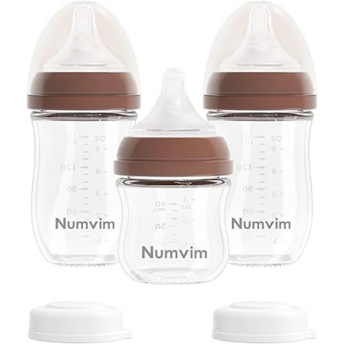 Glass Nurturing Baby Bottles Gentle & Extra Slow Flow, Newborn Breastfeeding Bottle with Anti Colic Nipple for 0 Months Babies, 3 Packs (Brown, 3oz+5oz)