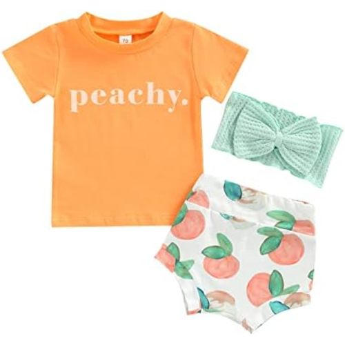 Newborn Baby Girl Summer Clothes Short Sleeve Letter Print T-Shirt Top Fruit Shorts Headband 3Pcs Outfit