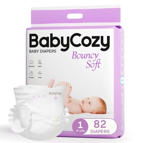 Babycozy Boucy Newborn Diapers for Sensitive Skin, Hypoallergenic Disposable Plain White Diapers Without Chlorine, Soft Diapers for Baby&Infant&Preemie, Size 1(8-14lb) 82 Count