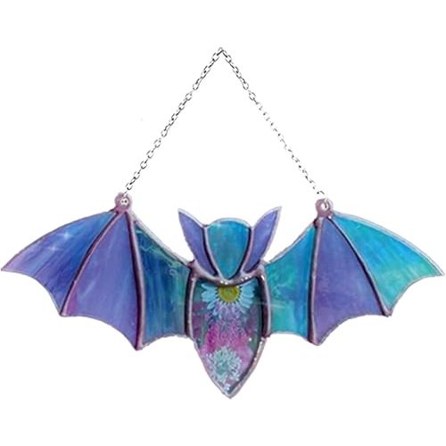 Halloween Decorations Bat Stained Glass Suncatcher Window Hanging Acrylic Wall Art Suncatcher Decoration Halloween Hanging Ornament for Indoor Outdoor Decor Wall Home Party Decor (E, one Size)