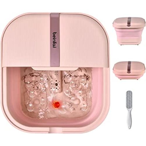 Beinilai Foot Bath Spa with Heat, Bubble Massage and Vibration,Collapsible Foot Soak Tub,2 Feet Rollers, Acupressure Massage Points, Red Light and Foot Scrubber, Pedicure Foot Spa for Women(Pink)