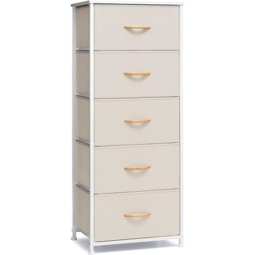 Crestlive Products Vertical Dresser Storage Tower - Sturdy Steel Frame, Wood Top, Easy Pull Fabric Bins - Organizer Unit for Bedroom, Hallway, Entryway, Closets - 5 Drawers(Beige)