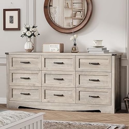 Dresser for Bedroom with 9 Drawers, 59" Wide Wood Chest of Drawers with Deep Drawers & Mental Handle, Modern Dresser TV Stand, Wooden Closet Storage Organizer for Living Room, Hallway, Entryway, Grey