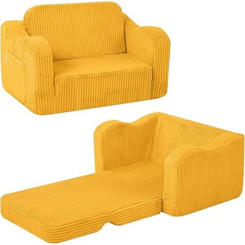 MeMoreCool Toddler Chair – Foldable 2-in-1 Kids Sofa Bed, Corduroy Lounge for 1-3 Years, Yellow Soft Foam Seat | Machine Washable | Convertible Couch for Toddlers’ Playroom or Nap Time