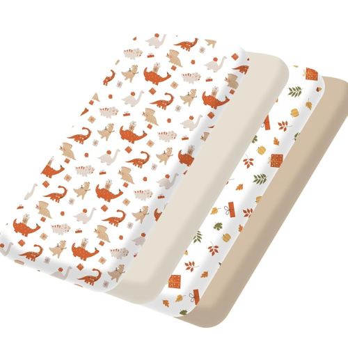 Bimocosy Mini Crib Sheets,Pack and Play Sheets for Baby Girl Boy 4 Pack,Size 38"x 26" for Playard Mattress,Portable Mini Crib,Soft Pack N Play Sheets Fitted, Dinosaur/Leaves/Khaki/Ivory