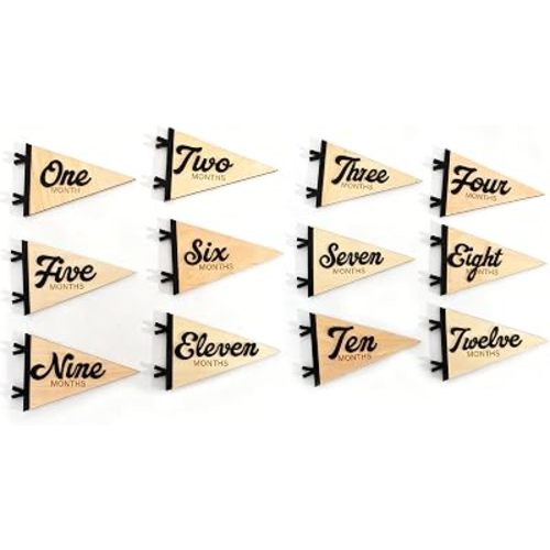 Wooden Baby Monthly Milestone Pennants - 3D Acrylic Lettering Growth Markers, Boho Pregnancy Flag Milestone, Monthly Photography Props For Newborn, Nursery Wall Decoration And Baby Shower Set (Baby Monthly)