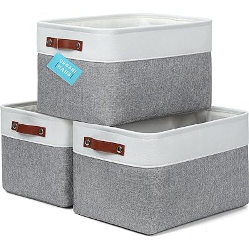 OrganiHaus Large Fabric Storage Baskets for Shelves 3 Pack, 15x11in Closet Storage Bins for Shelves, Cloth Baskets for Organizing, Linen Closet Organizers, Fabric Basket, Gray/White