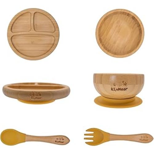 Bamboo Toddler Plate & Bowl Set with Strong Suction – Includes Plate, Bowl, Spoon & Fork – Baby Plates with Suction for Baby Led Weaning, Kids Feeding Essentials, Non-Toxic & BPA Free