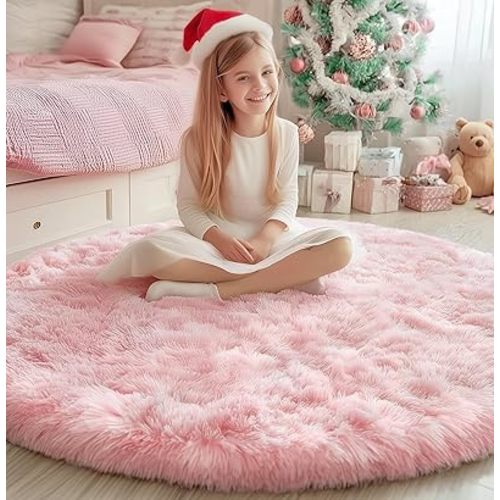 PAGISOFE Pink Round Rug 4Ft for Girls Room Kids Bedroom, Fluffy Shaggy Soft Fuzzy Circle Area Rugs for Girls Bedroom Kids Home Decor Aesthetic, Plush Furry Throw Cute Baby Girl Nursery Room Rug