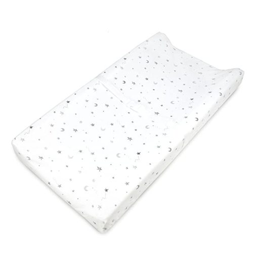 American Baby Company Printed 100% Cotton Knit Fitted Contoured Changing Table Pad Cover - Compatible with Mika Micky Bassinet, Gray Stars and Moons, for Boys and Girls - Grey Stars and Moon - 1 Pack