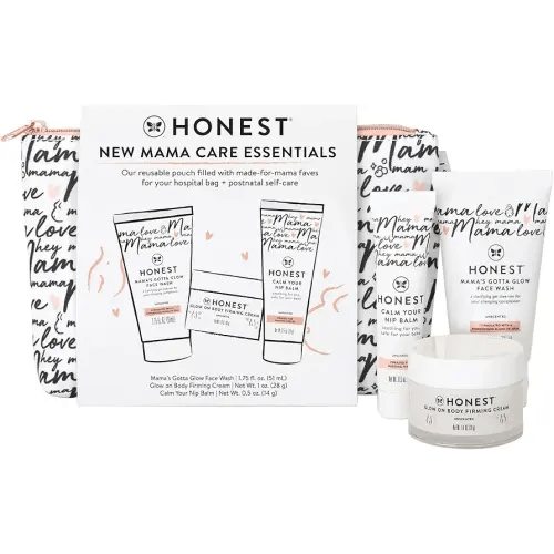 The Honest Company New Mama Care Essentials Gift Set | Hospital Bag Must Haves | Travel Size Nip Balm (0.5 oz), Glow On Body Cream (1 oz), Gotta Glow Face Wash (1.75 fl oz), Reusable Pouch