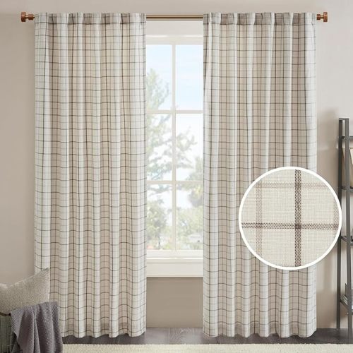 Madison Park Anaheim Cabin Plaid Curtain Window, Thermal Insulated Fleece Lining, Living Room Decor Light Blocking Drape for Bedroom, 1-Single Panel Pack, 50" x 84", Rod Pocket, Natural