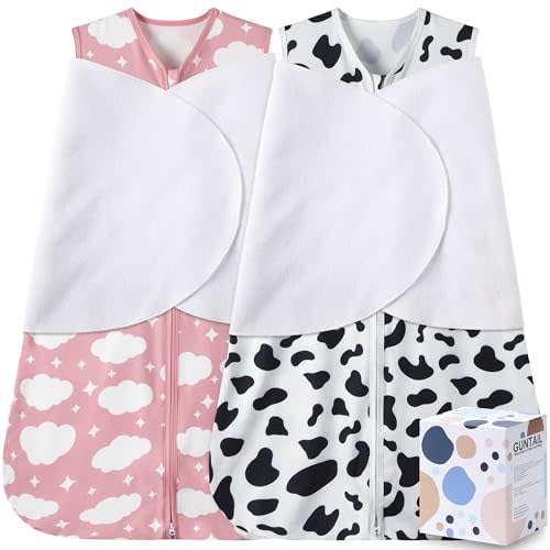 GUNTAIL Newborn Sleep Sack Baby Swaddle,3-Way Adjustable Wearable Blanket,100% Rayon Cotton Swaddling Sleeping Bag. (Cloud & Cow Print, 3-6 Months)