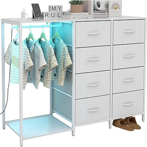 Dresser with Clothes Rail Dresser with Hanging Rack Led Lights and Charging Station Wardrobe Dresser with 8 Fabric Chest Wood Top Dresser Organizer for Bedroom Living Room Hallway Closet (White)