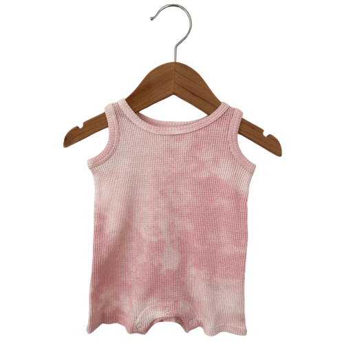 Organic Waffle Shortie Romper, Ballet Pink Tie Dye