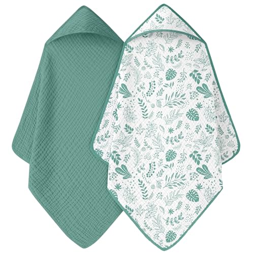 FIEMOL Baby Bath Towels, 100% Muslin Cotton Hooded Baby Towels for Newborn, 2 Pack Baby Towels with Hood for Infant Toddler and Kids, Large 32x32Inch, Soft and Absorbent