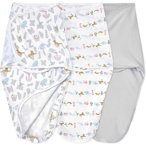 aden + anais Essentials Easy Swaddle Wrap Quick Change with Bottom Zipper, Snug Cotton Knit Baby Wrap Swaddle Blanket for Newborns, TOG 1.0, 3-Pack, Alphabet Animals, 0-3 Months, Small/Medium