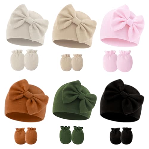 ZURLEFY Baby Girl Hats with Bow and Mittens Set, Newborn Girl Hospital Hats with No-Scratch Mitts for Infant, Beanie Cap
