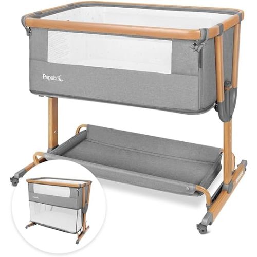 Papablic 4 in 1 Baby Bassinet, Bedside Bassinet for Baby, Adjustable Rocking Bassinet Bedside Sleeper with Soft Mattress & Storage Basket, Easy to Assemble
