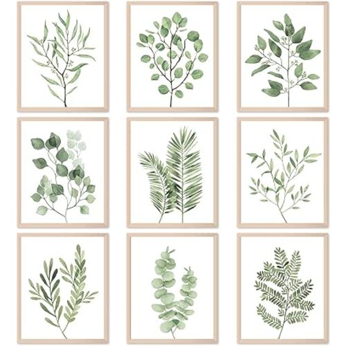 Tevxj 9PCS Botanical Plant Wall Art Prints Green Plant Wall Decor Boho Herb Wall Decor Pictures Minimalist Wall Art Photo Prints for Living Room Kitchen Leaves (8"x10", Unframed)