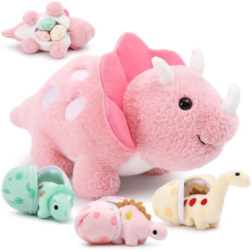 MaoGoLan 17.6inch Plush Dinosaur Stuffed Animals Mommy Triceratops with 3 Baby Dinosaurs