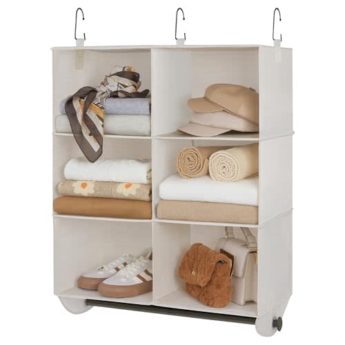 StorageWorks Hanging Closet Organizer with Metal Rod, 6-Section Closet Organizers and Storage, Collapsible Hanging Shelves for Baby Clothes, Shoes, Sweater Storage, Ivory and White