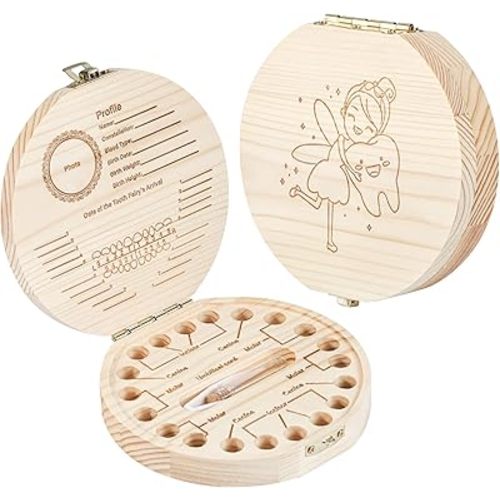 Annhua Tooth Fairy Tooth Holder Wooden Umbilical Cord Keepsake Box, Cute Baby Teeth Keepsake Box with Tweezer and Fetal Hair Container, Lost Tooth Fairy Box for Incisor|Canine|Molar|Umblllcal Cord