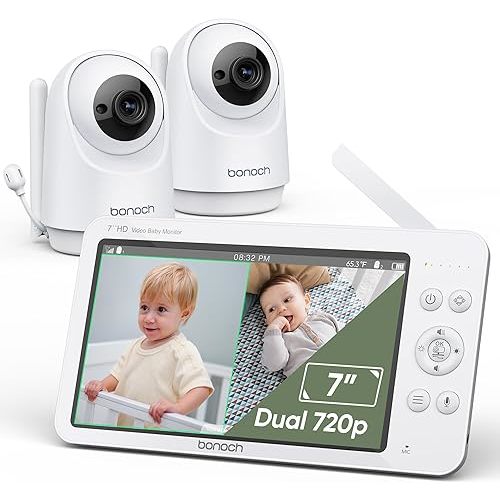 bonoch MegaView Baby Monitor with 2 Cameras, 7" 720P HD Split Screen Baby Monitor No WiFi, Video Baby Monitor with Camera and Audio, 6000mAh, VOX Mode, 2 Way Audio, Remote PTZ, Auto Night Vision
