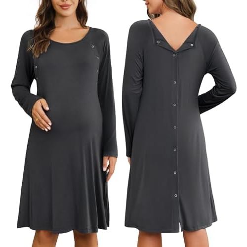 Ekouaer Women Maternity Nightgown Labor Delivery Nursing Gown Hospital Breastfeeding Dress Button Down Long Sleeve Sleepwear