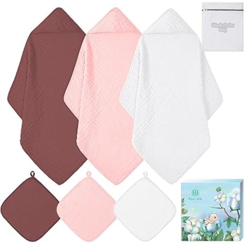 Hooded Baby Towels for Newborn, Absorbent 100% Cotton Muslin Baby Bath Towel for Boys and Girls, Baby Towels with Hood for Babies (WineRed & Pink & White)