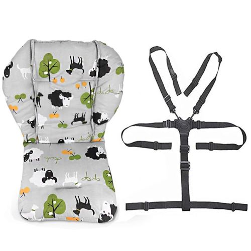 twoworld Baby High Chair Seat Cushion Liner Mat Pad Cover Resistant and High Chair Straps (5 Point Harness) 1 Suit (Grey Sheep)