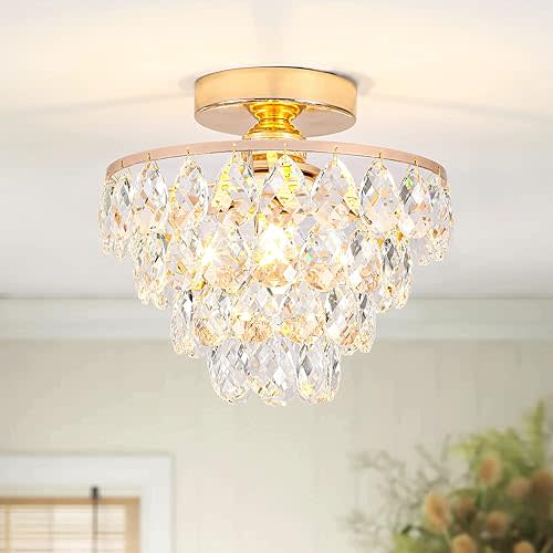 Luupyia Gold Crystal Chandelier Small Modern Chandelier, Mini Ceiling Light Flush Mount Crystal Chandelier Hallway Light Fixtures Ceiling Crystal Light for Hallway Bedroom Hall Living Room