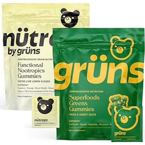 Gruns Superfood Green + New Nütrops Gummy Bundle, Organic Nutritional Supplement 2 x 28 Pack: Multivitamin, prebiotics, adaptogens + Nootropic Mushroom Herbal Supplement to Support Mood, Focus, Gut