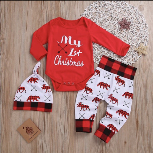 My First Christmas Baby Boy Outfit Long Sleeve Romper Animals Print Pants With Beanie Hat Holiday Clothes
