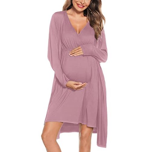 SWOMOG Women Maternity Nursing Gown and Robe Set 3 in 1 Labor Delivery Nursing Nightgown for Breastfeeding Hospital Bathrobe