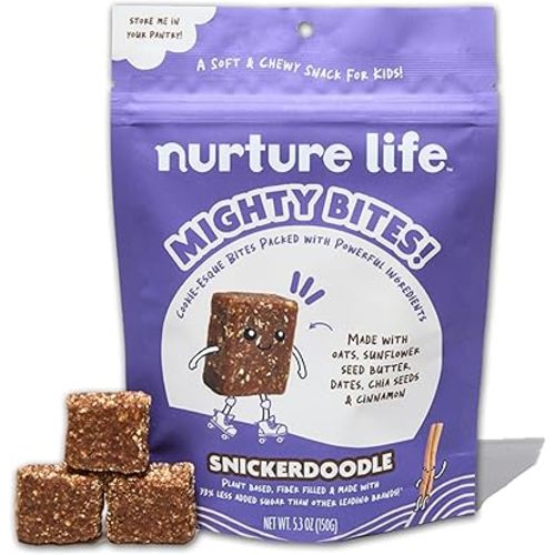 Nurture Life Mighty Bites, Snickerdoodle, Healthy Oatmeal Bite Size Snacks for Kids & Toddlers, High Protein Organic Snacks for Children, Plant-Based High Fiber Foods, Low Sugar, 1 Pack, 15 Pieces