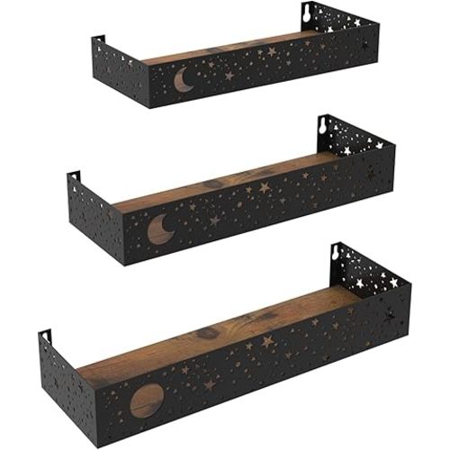 Moon and Stars Wall Shelves Black, Set of 3 Small Floating Shelves for Bedroom Living Room Wall Storage or Decor, Brown Board