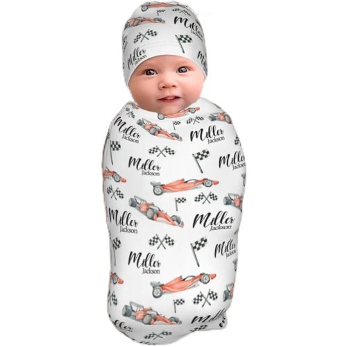 Personalized Baby Swaddle Blanket for Boys, Custom Name Race Car Receiving Blanket with Beanie Knotted Hat Set for Newborn Infant