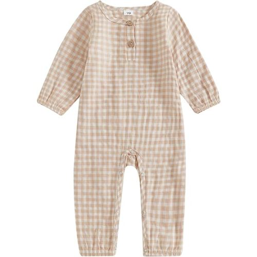 Honganda Newborn Baby Girl Boy Plaid Jumpsuit Long Sleeve Button Romper Playsuit ​Fall One Piece Outfit 0-18M