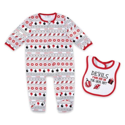 Newborn New Jersey Devils WEAR by Erin Andrews Allover Print Full-Zip Sleeper & Bib Christmas Set